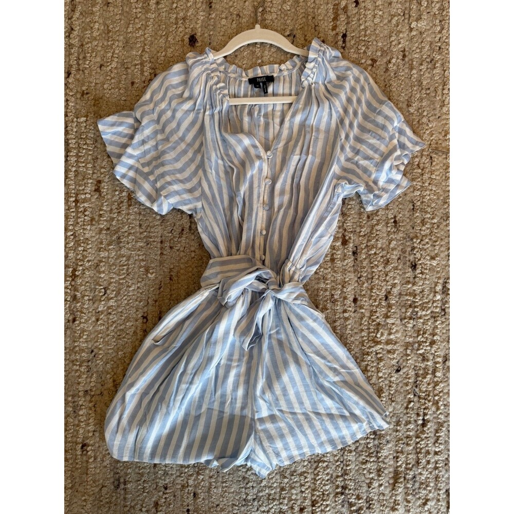 PAIGE Blue White Stripe Romper Size M Belted Button Front Lightweight